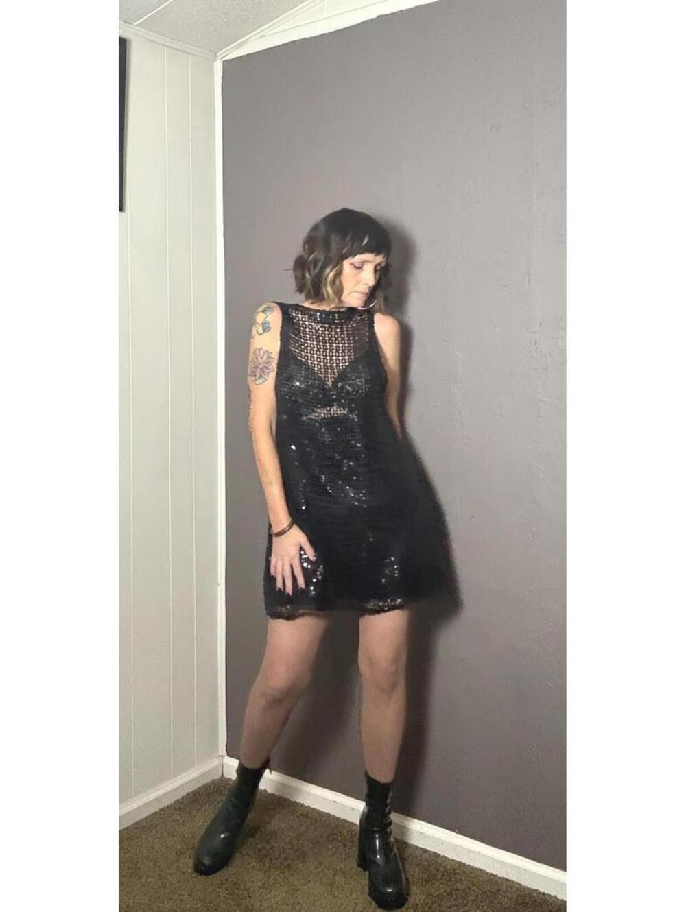 Y2K Black Knit Sequin Mini Dress Shift Cut Glam Cover Up by East N West